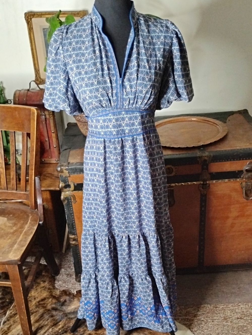 Max Studio Blue Patterned V-Neck Maxi Dress